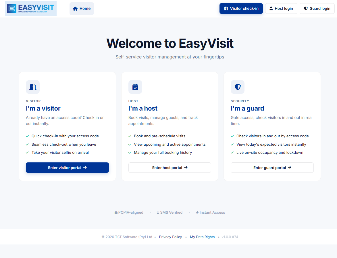 EasyVisit portal landing
