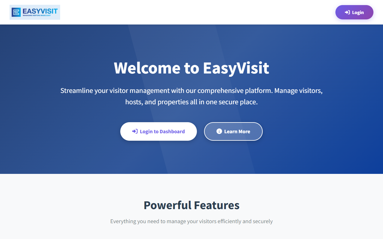 EasyVisit Dashboard Landing Page
