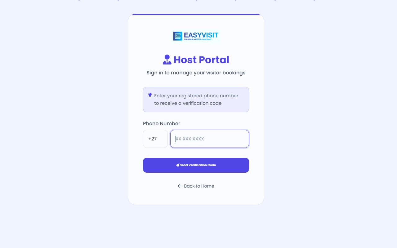 EasyVisit Portal &mdash; Host Portal sign-in with phone verification