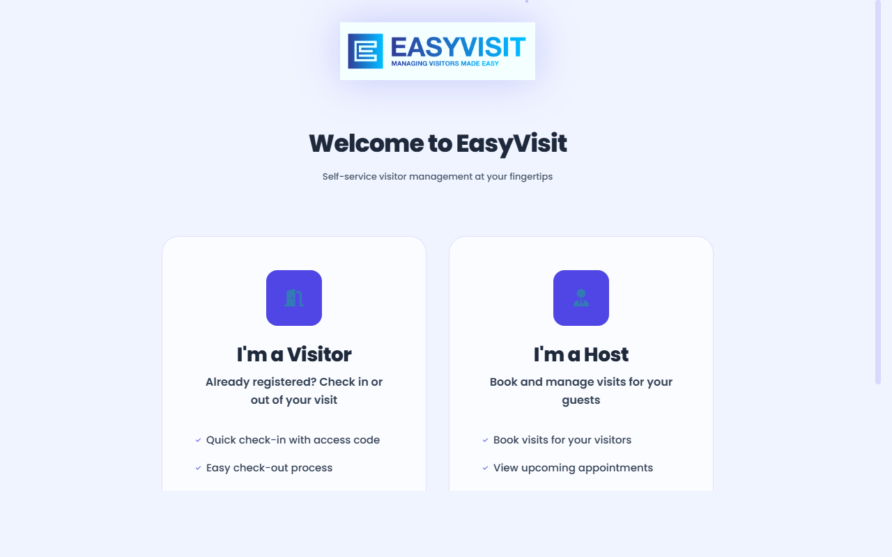 EasyVisit Portal &mdash; Welcome page with Visitor and Host options